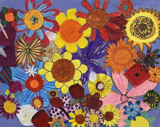 Student artwork collage of colourful flowers
