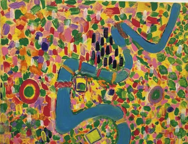 Student abstract painting with a winding blue path